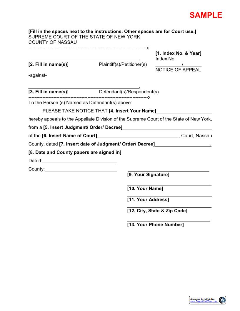 Notice Of Appeal (Sample And Form) | Pdf Fpdf Docx | New York