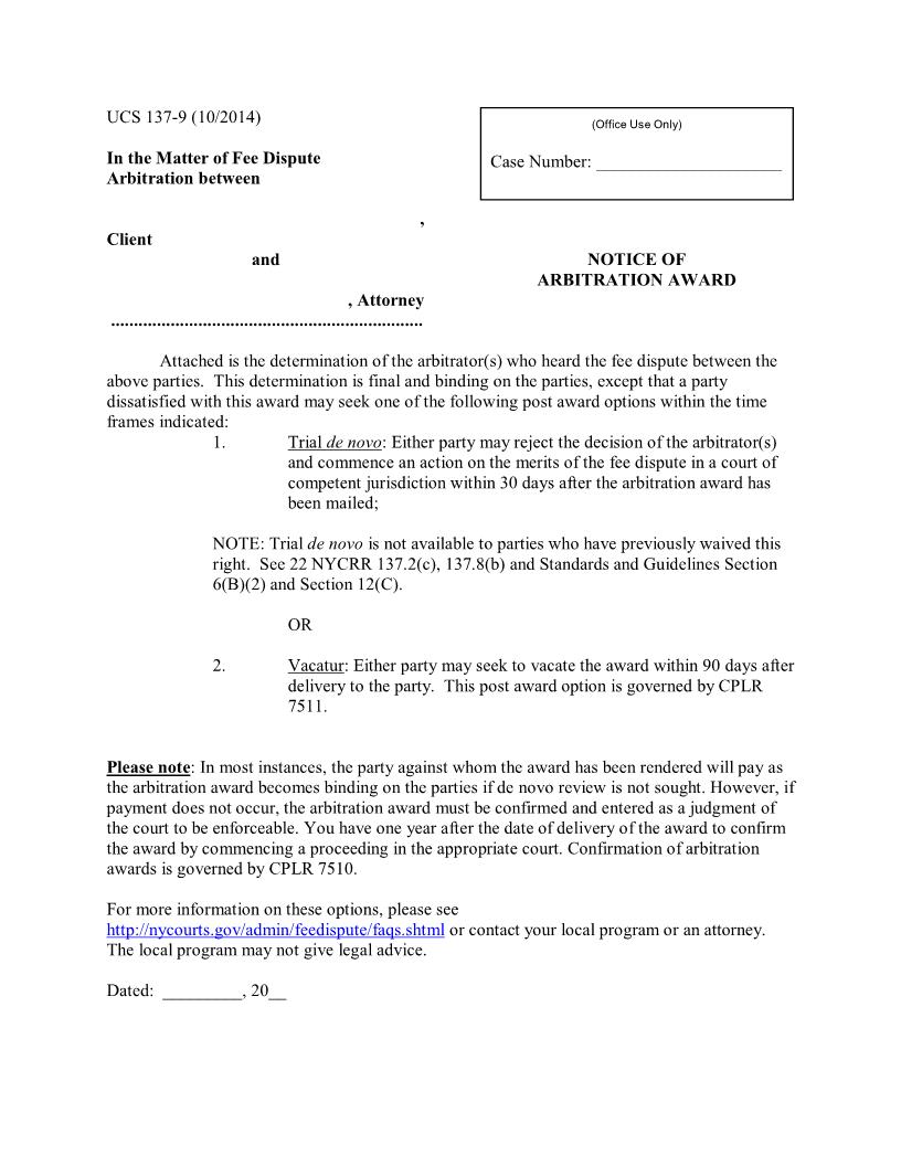 Notice Of Arbitration Award And Award Hearing Information (Attorney-Client Arbitration) | Pdf Fpdf Docx | New York
