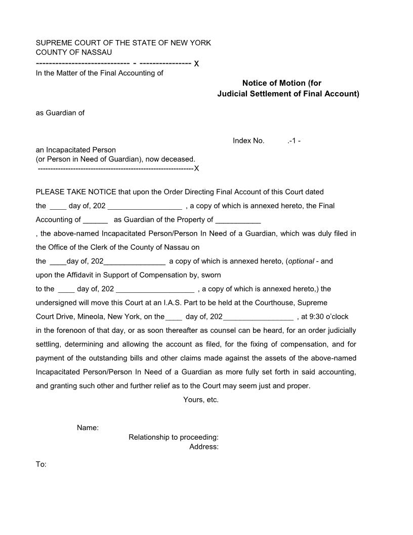 Notice Of Motion (For Judicial Settlement Of Final Account) | Pdf Fpdf Docx | New York