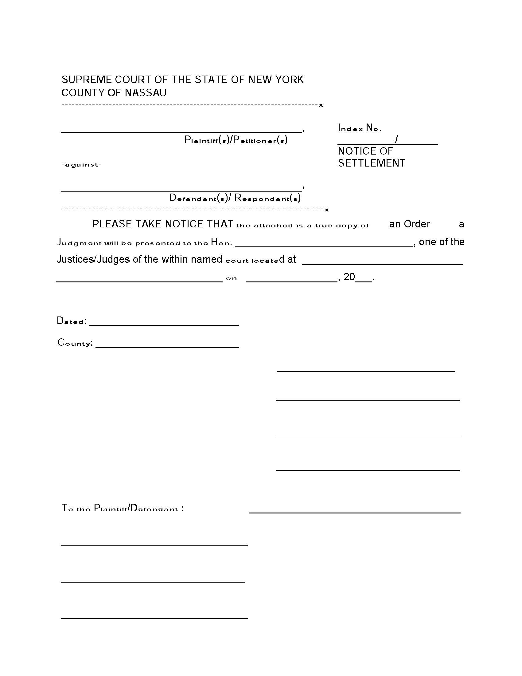 Notice Of Settlement With Legal Back (Sample And Form) | Pdf Fpdf Docx | New York