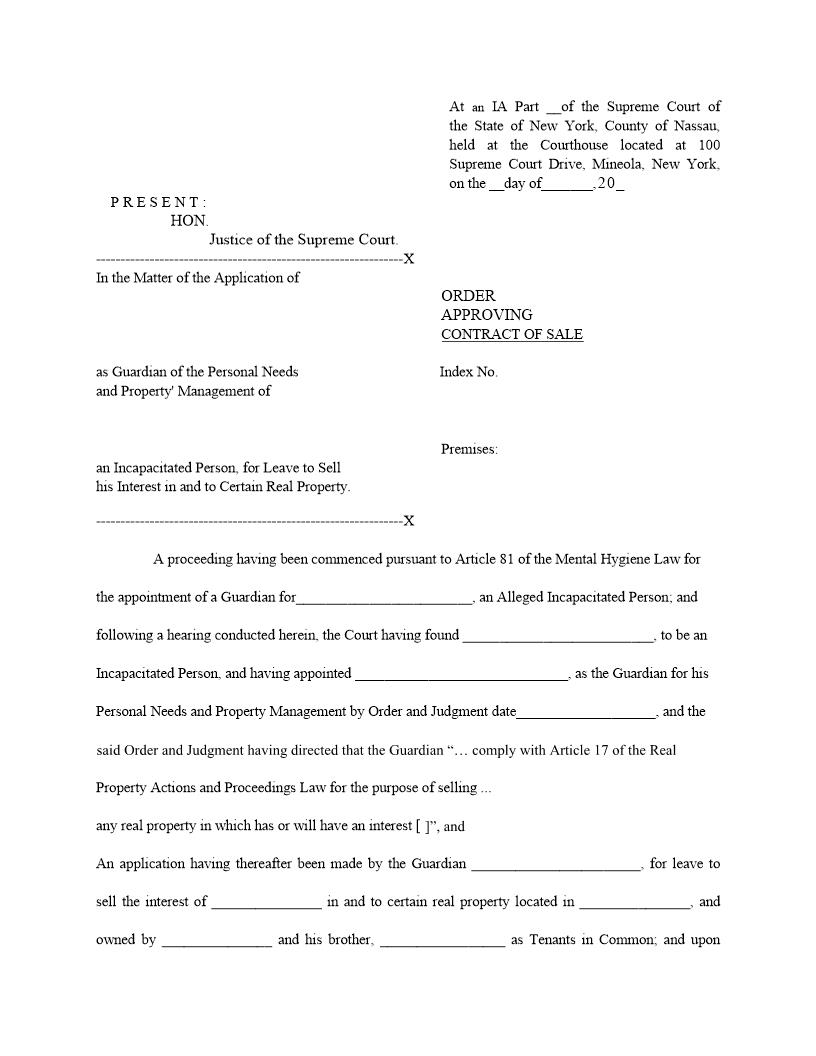 Order Approving Contract Of Sale (For Guardian Of Property Management) | Pdf Fpdf Docx | New York