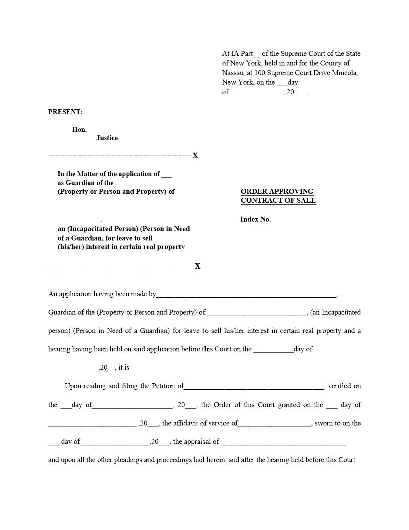 Order Approving Contract Of Sale (For Guardian To Sell Real Property) | Pdf Fpdf Docx | New York