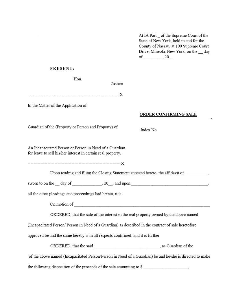 Order Confirming Sale (By Guardian Of Real Property) | Pdf Fpdf Docx | New York
