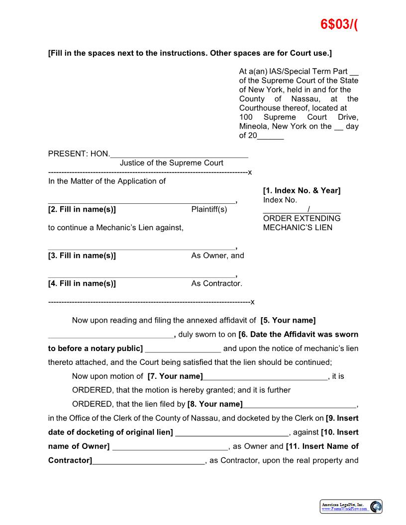 Order Extending Mechanics Lien (Sample And Form) | Pdf Fpdf Docx | New York