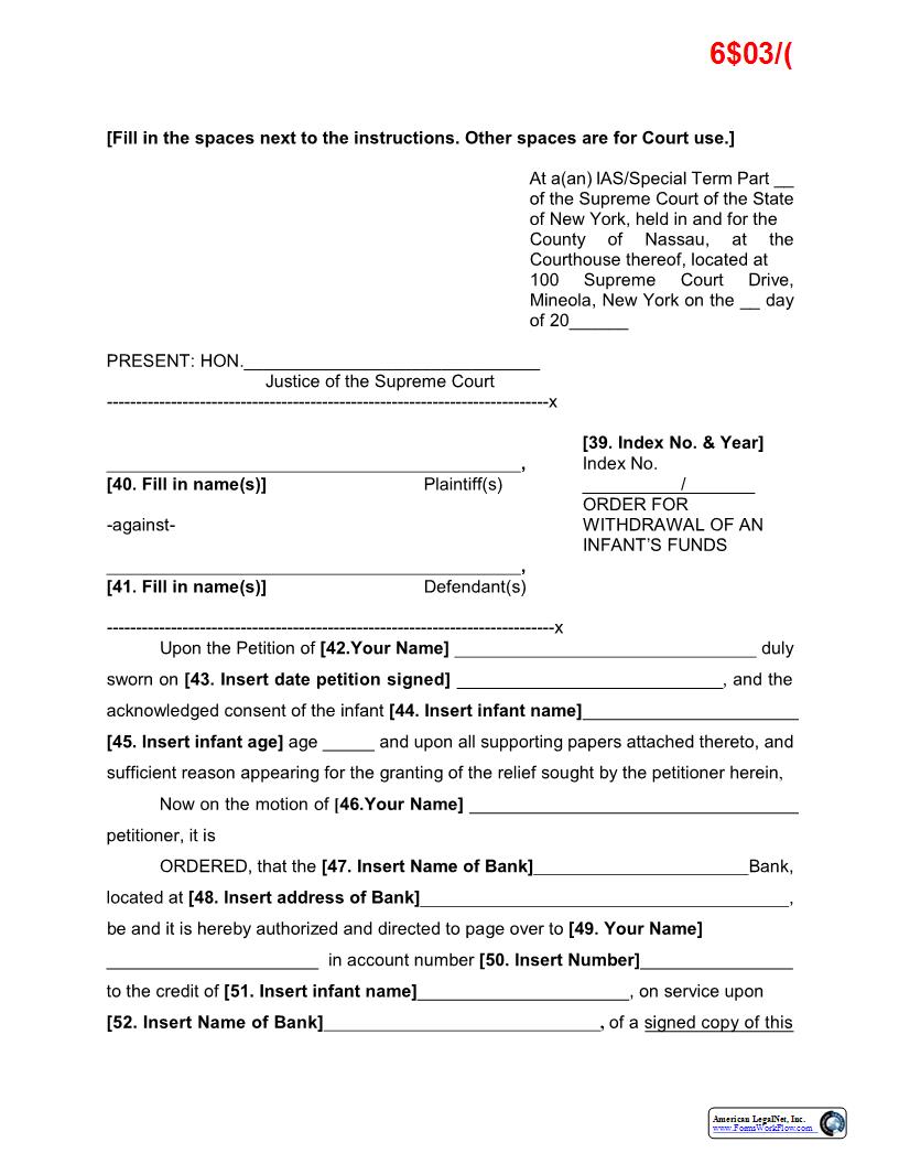 Order For Withdrawal Of Infants Funds (Sample And Form) | Pdf Fpdf Docx | New York