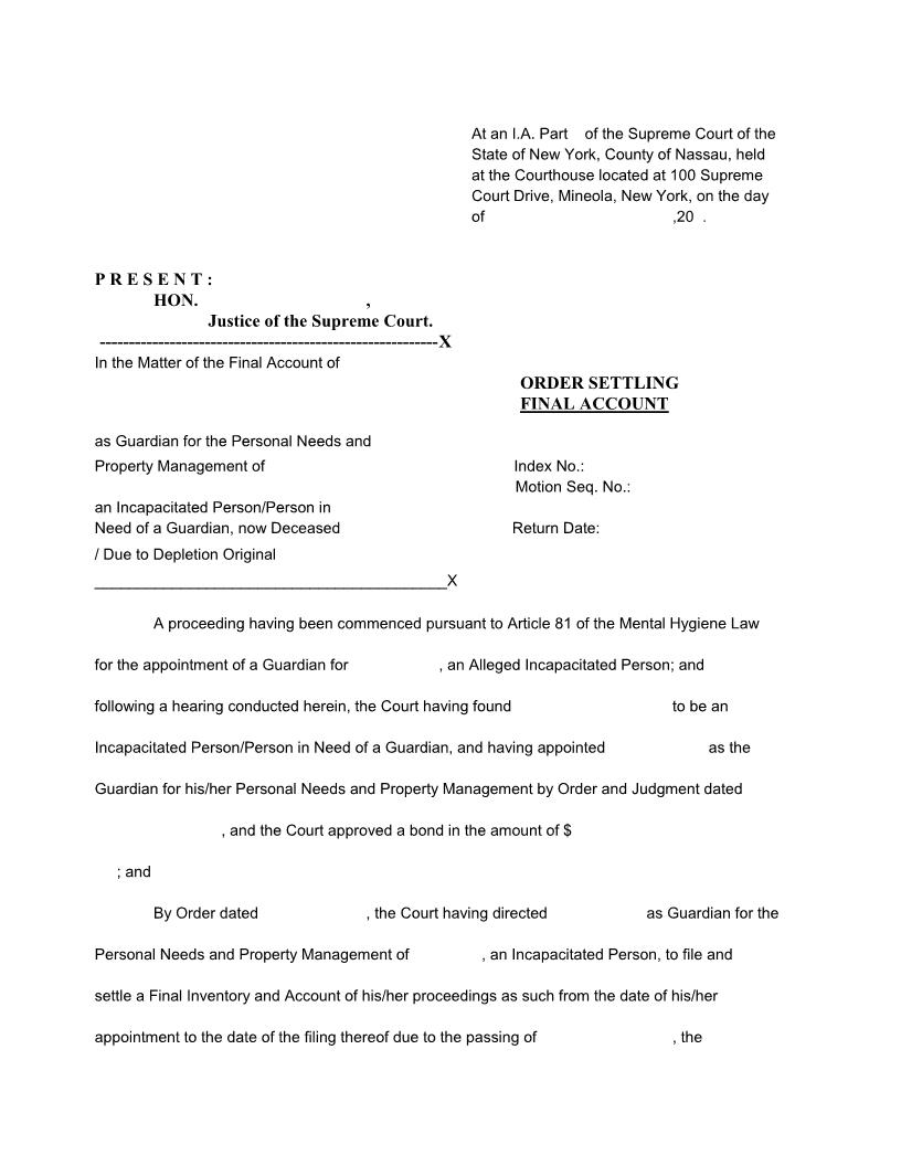 Order Settling Final Account (By Guardian Of Deceased Ward) | Pdf Fpdf Docx | New York