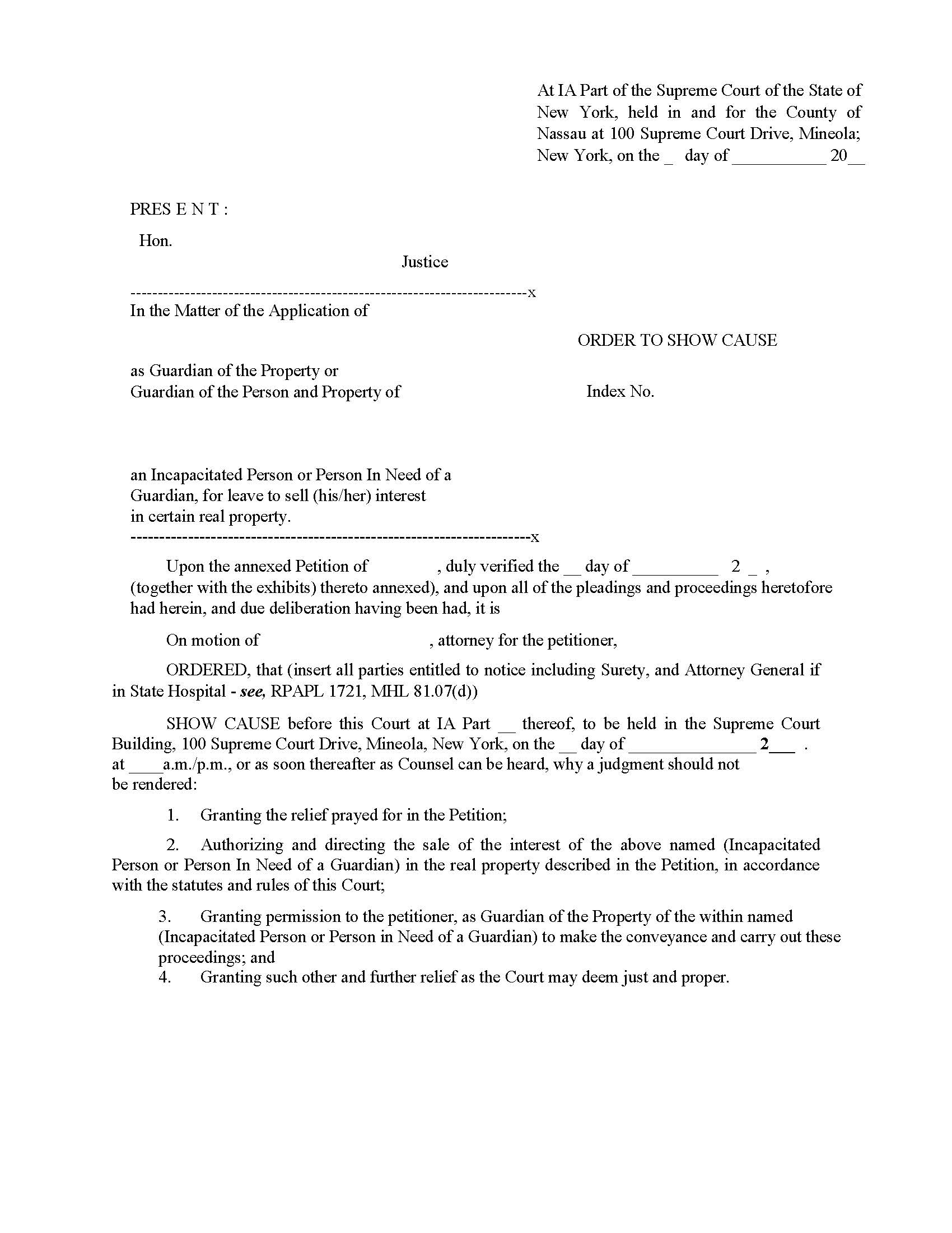 Order To Show Cause (Leave For Guardian To Sell Real Property) | Pdf Fpdf Docx | New York