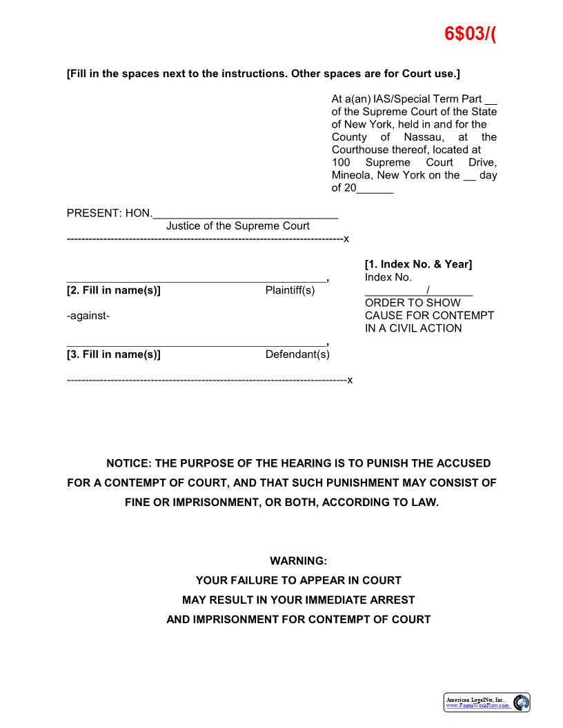 Order To Show Cause For Contempt In Civil Action (Sample And Form) | Pdf Fpdf Docx | New York
