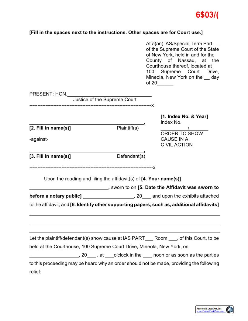 Order To Show Cause In Civil Action (Sample And Form) | Pdf Fpdf Docx | New York