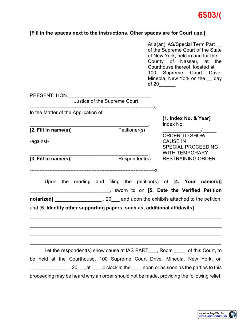 Order To Show Cause In Special Proceeding With TRO (Sample And Form) | Pdf Fpdf Docx | New York