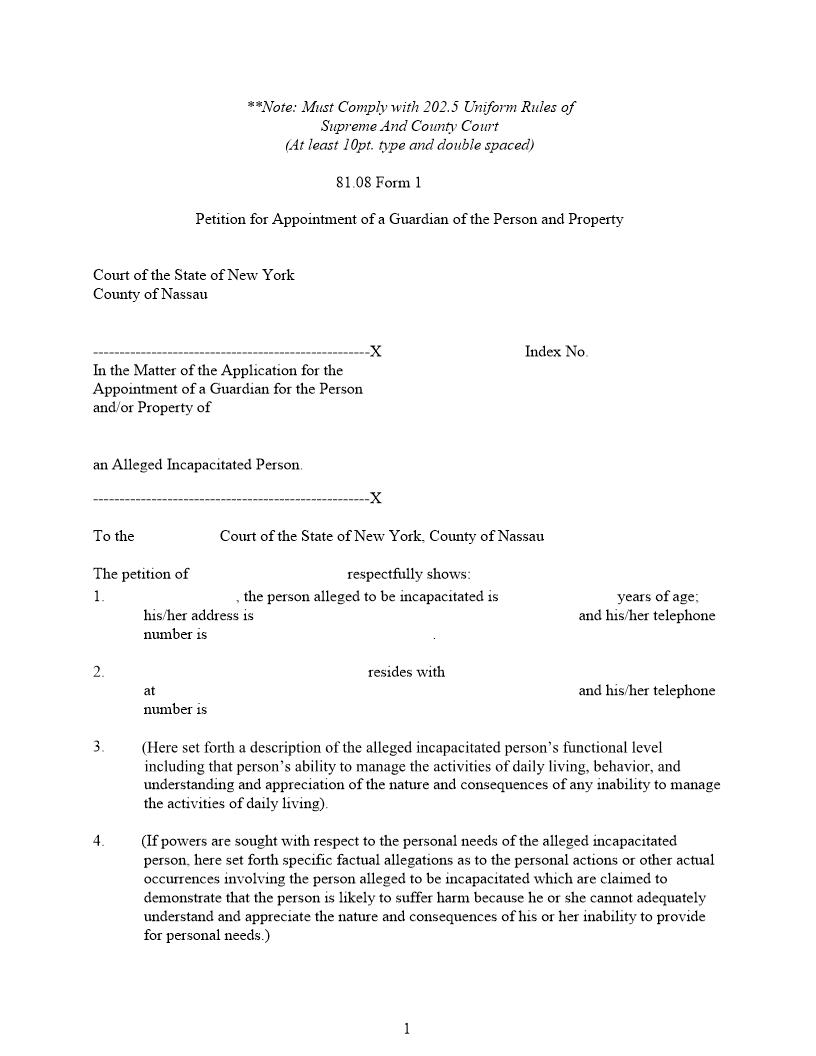 Petition For Appointment Of Guardian Of Person And Property | Pdf Fpdf Docx | New York