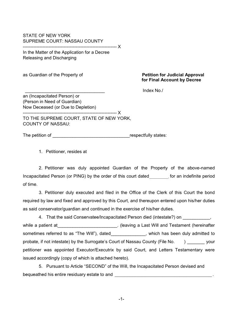 Petition For Judicial Approval Final Account By Decree (Deceased Ward) | Pdf Fpdf Docx | New York