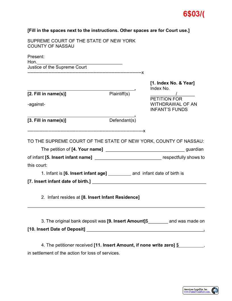 Petition For Withdrawal Of Infants Funds With Verification (Sample And Form) | Pdf Fpdf Docx | New York