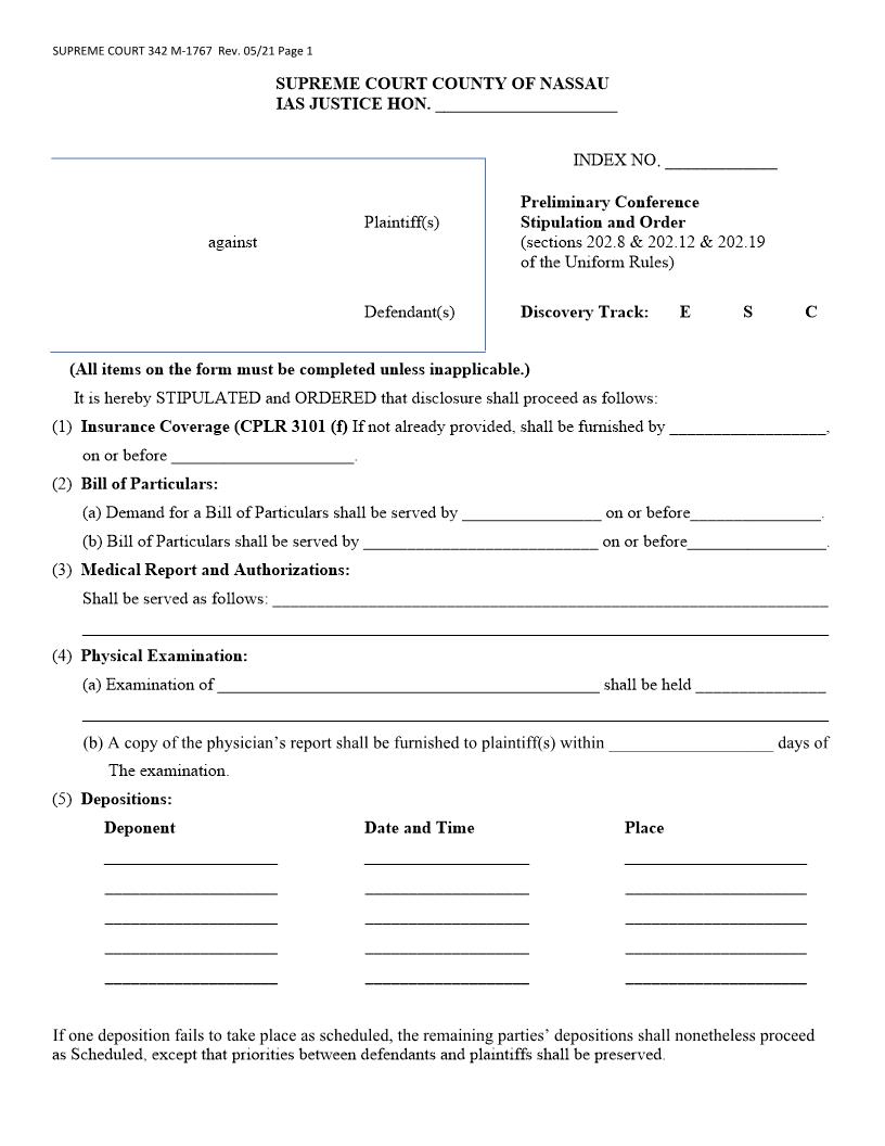 Preliminary Conference Stipulation And Order {M-1767} | Pdf Fpdf Docx | New York