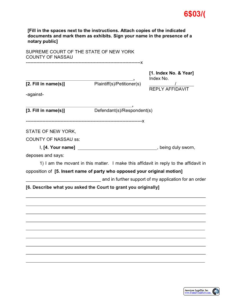 Reply Affidavit (Sample And Form) | Pdf Fpdf Docx | New York