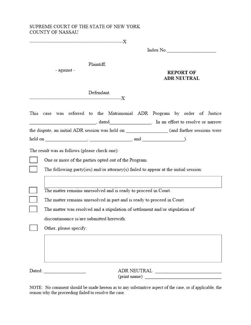 Report Of ADR Neutral (Matrimonial) | Pdf Fpdf Docx | New York
