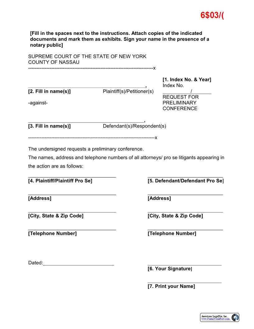 Request For Preliminary Conference (Sample And Form) | Pdf Fpdf Docx | New York