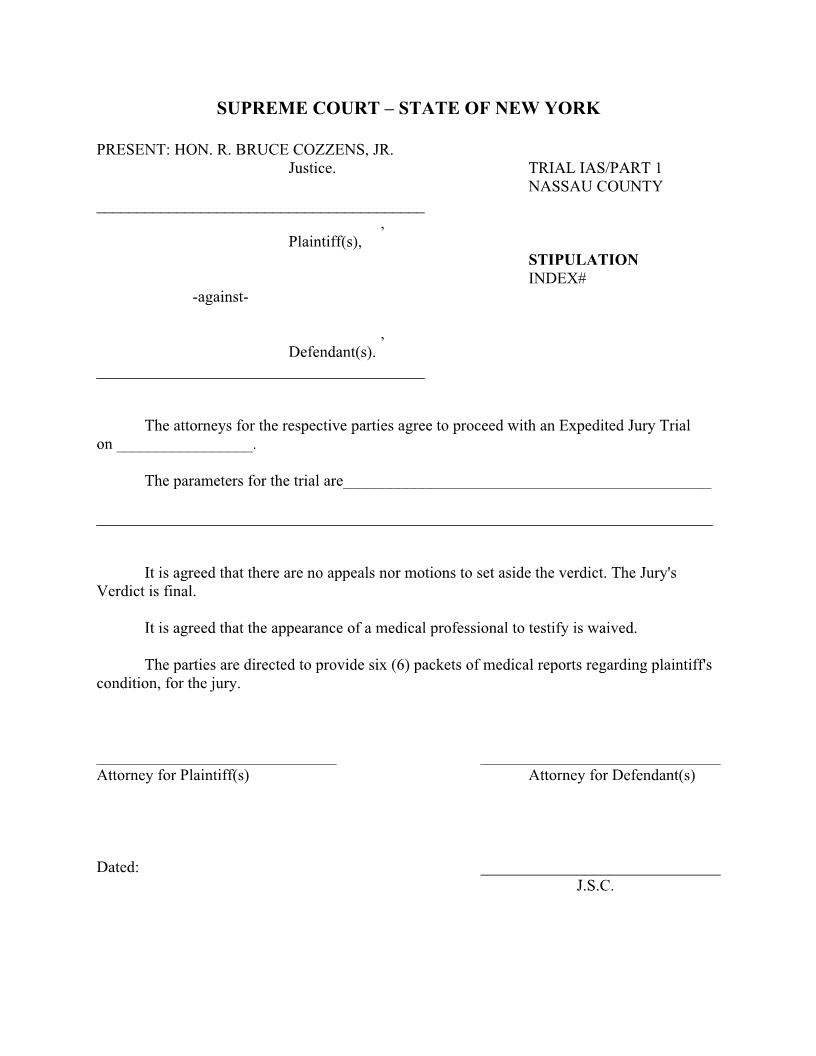 Stipulation (Expedited Summary Jury Trial - Judge Cozzens) | Pdf Fpdf Docx | New York