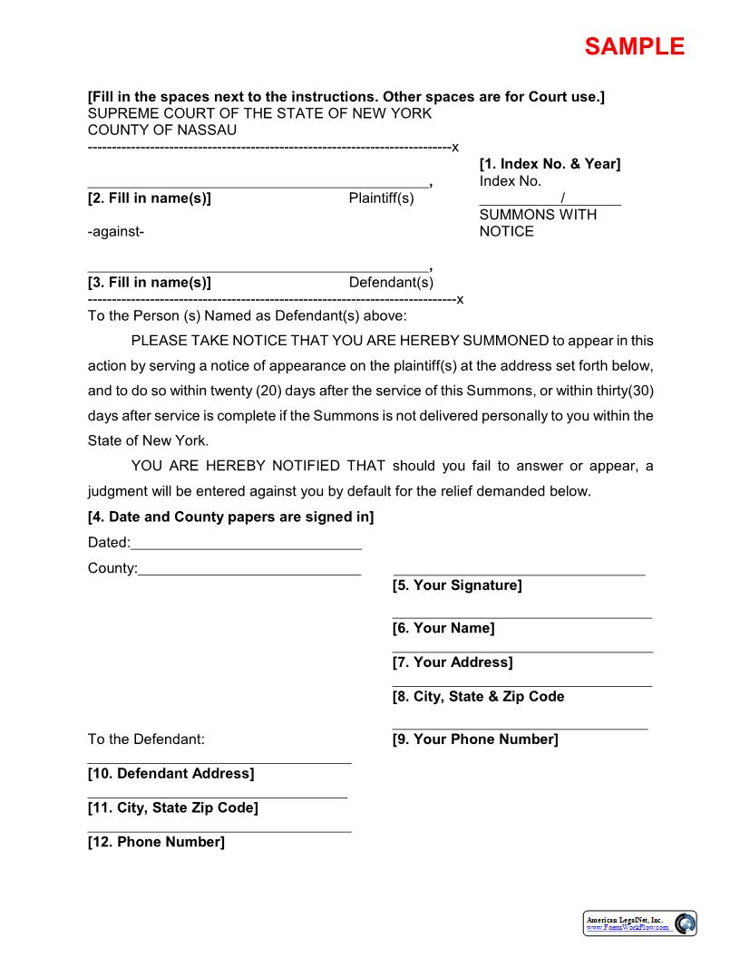 Summons With Notice (Sample And Form) | Pdf Fpdf Docx | New York