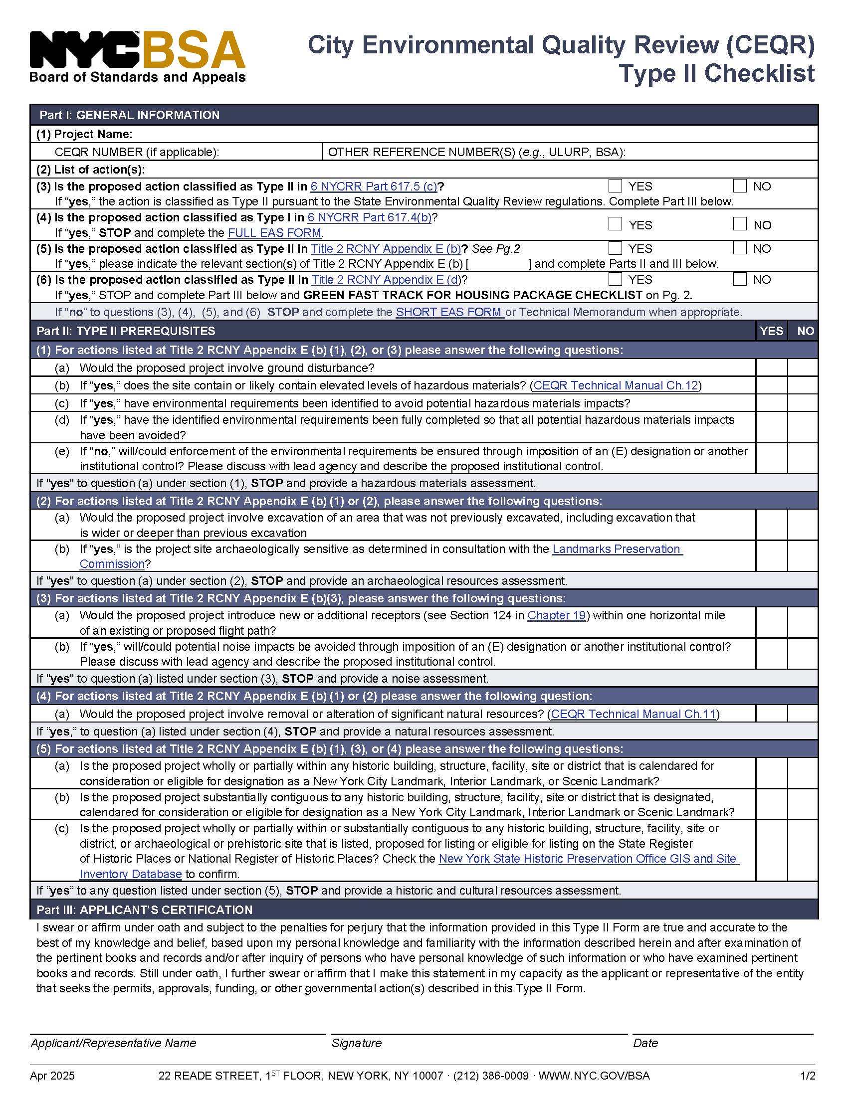 CEQR Type II Checklist | Pdf Fpdf Docx | New York