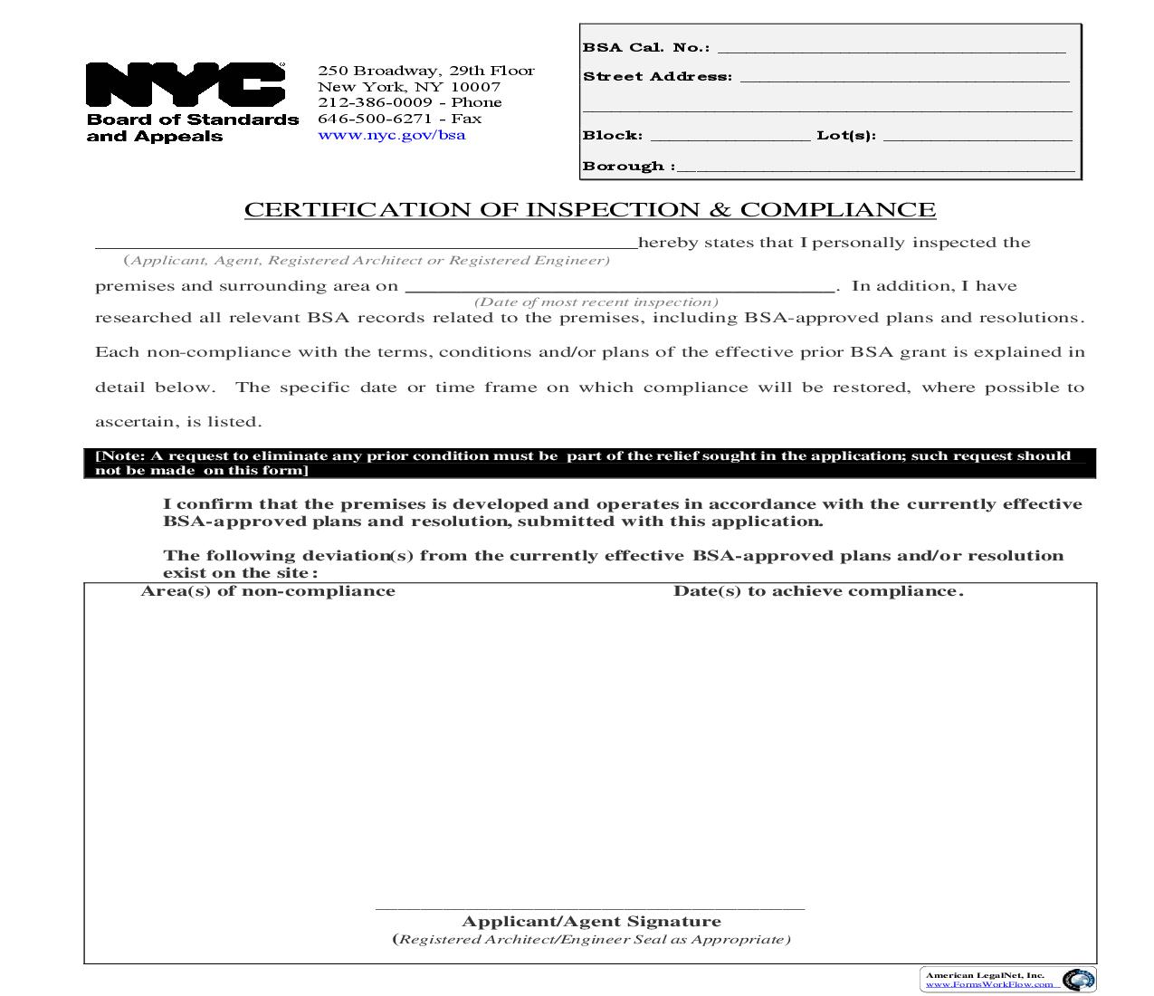 Certification Of Inspection And Compliance | Pdf Fpdf Doc Docx | New York