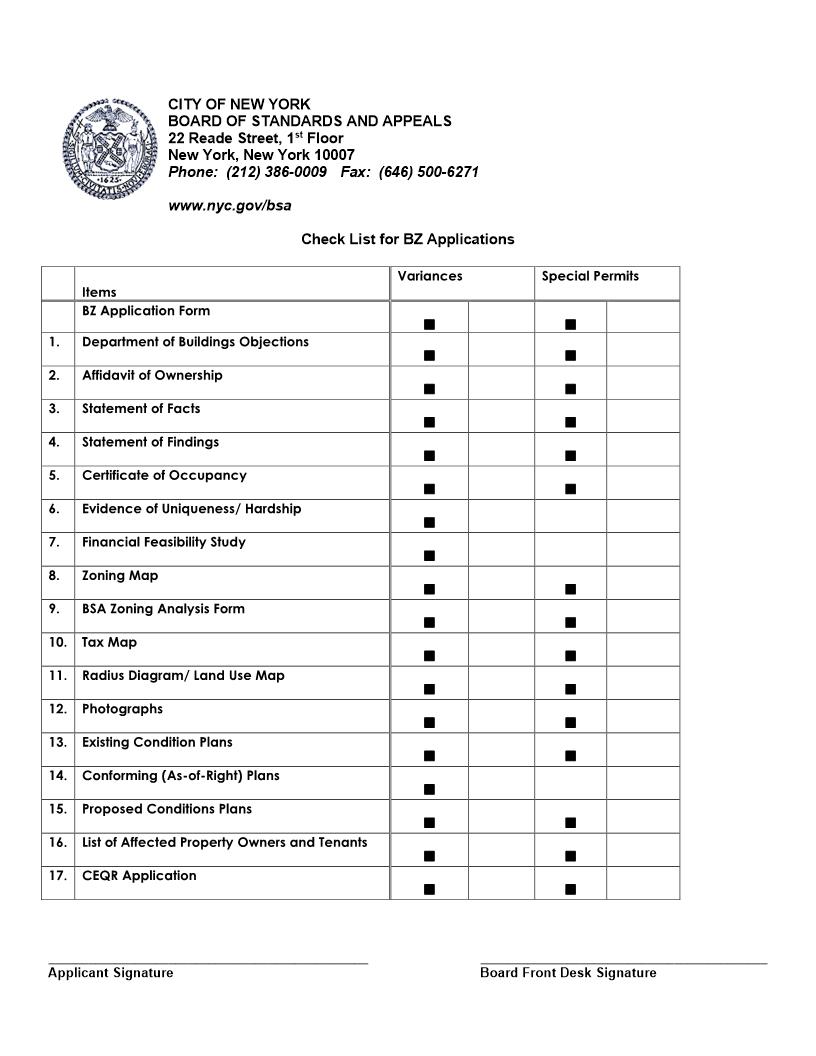 Check List For BZ Applications | Pdf Fpdf Doc Docx | New York