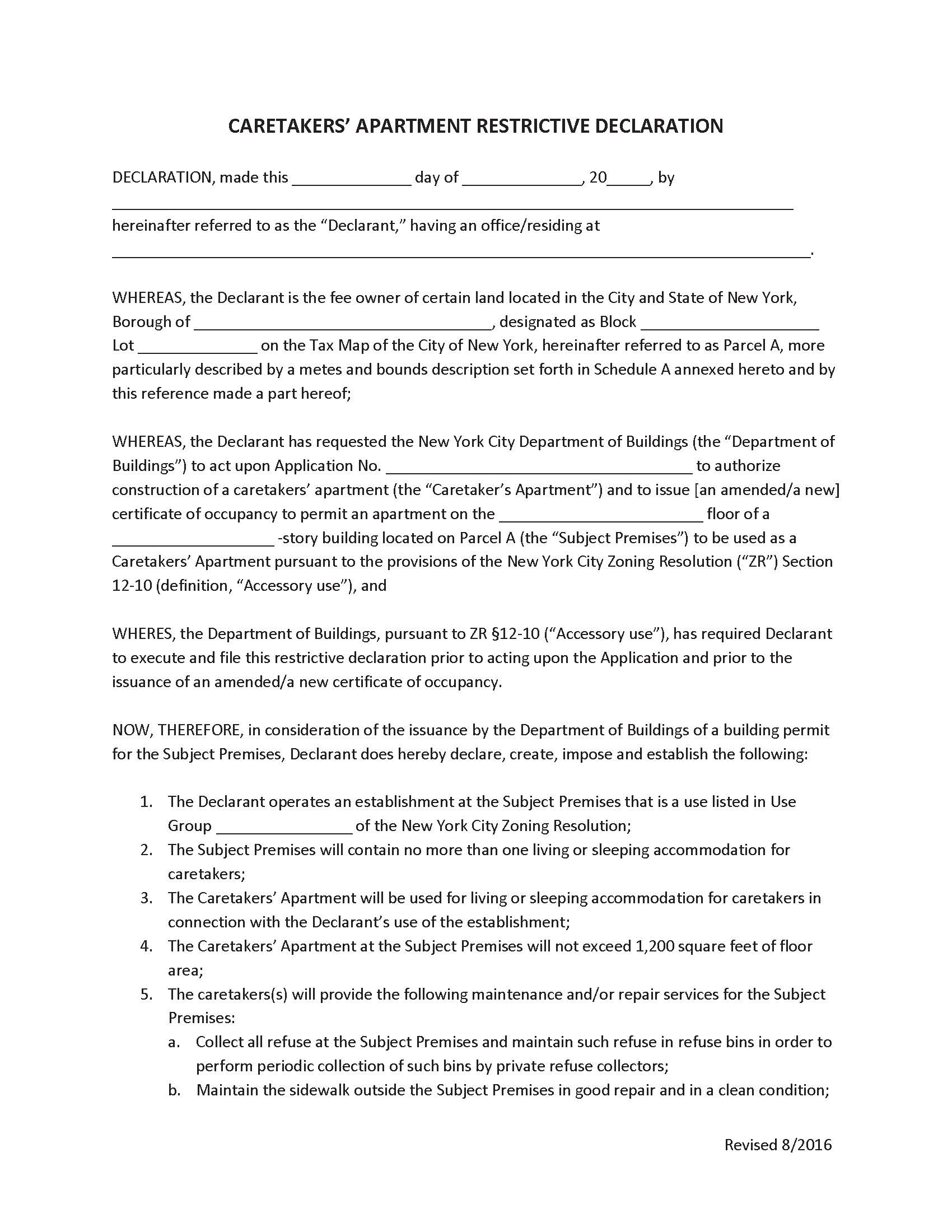 Caretakers Apartment Restrictive Declaration | Pdf Fpdf Doc Docx | New York