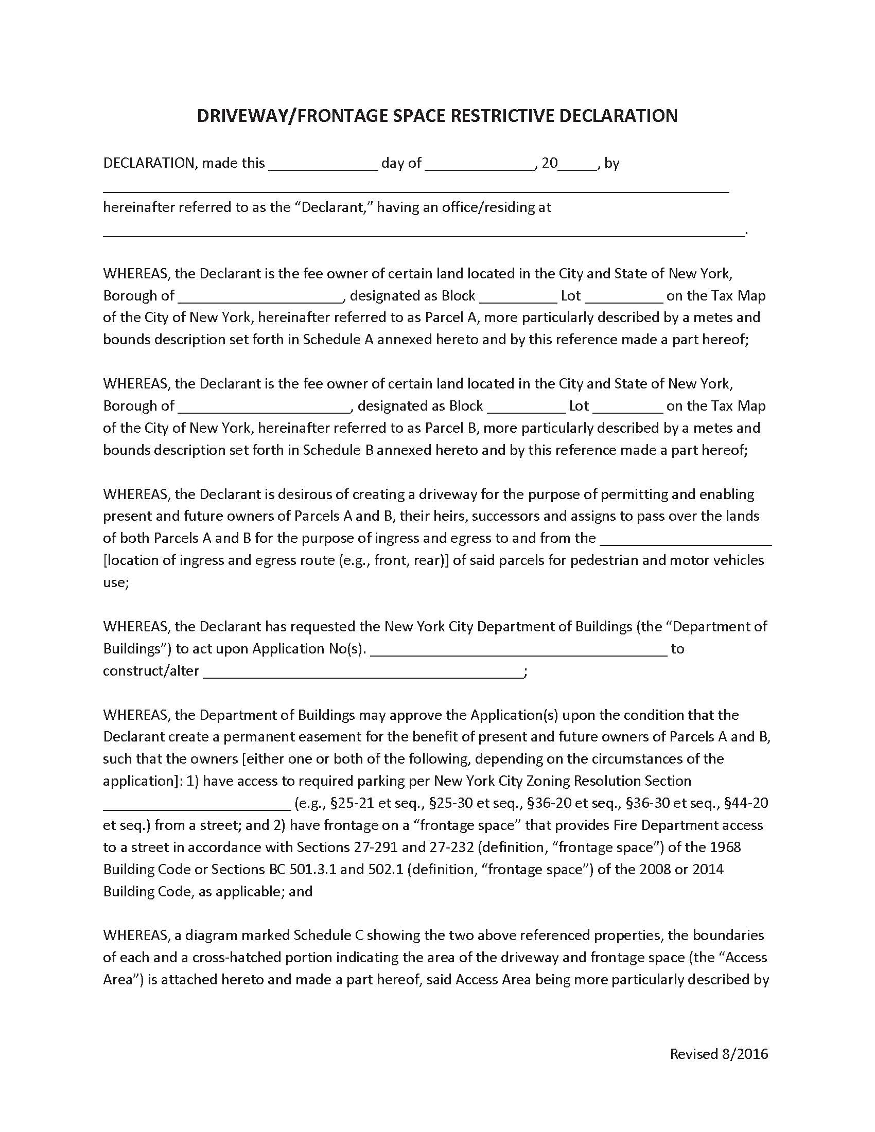 Driveway Frontage Space Restrictive Declaration | Pdf Fpdf Doc Docx | New York