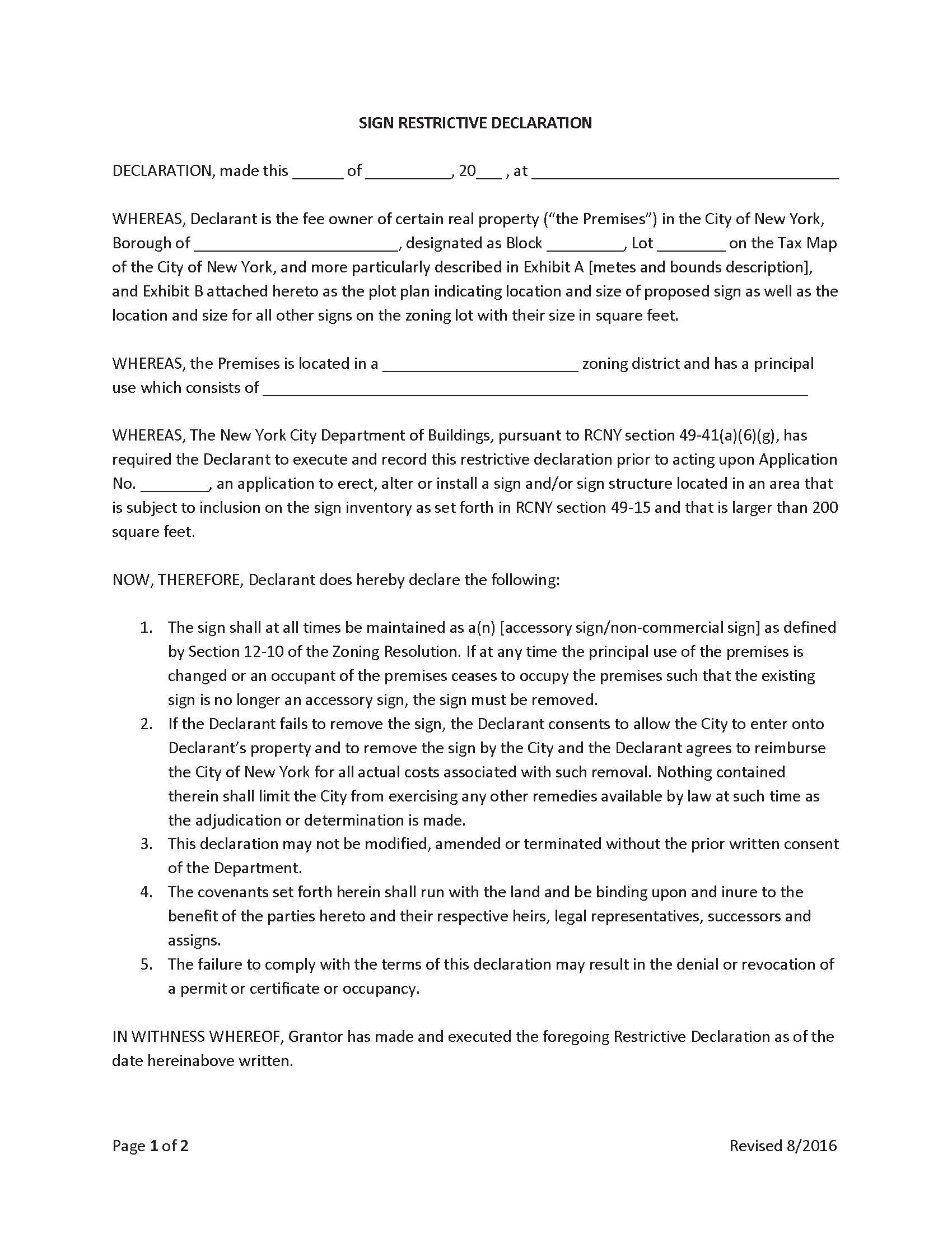 Sign Restrictive Declaration | Pdf Fpdf Doc Docx | New York
