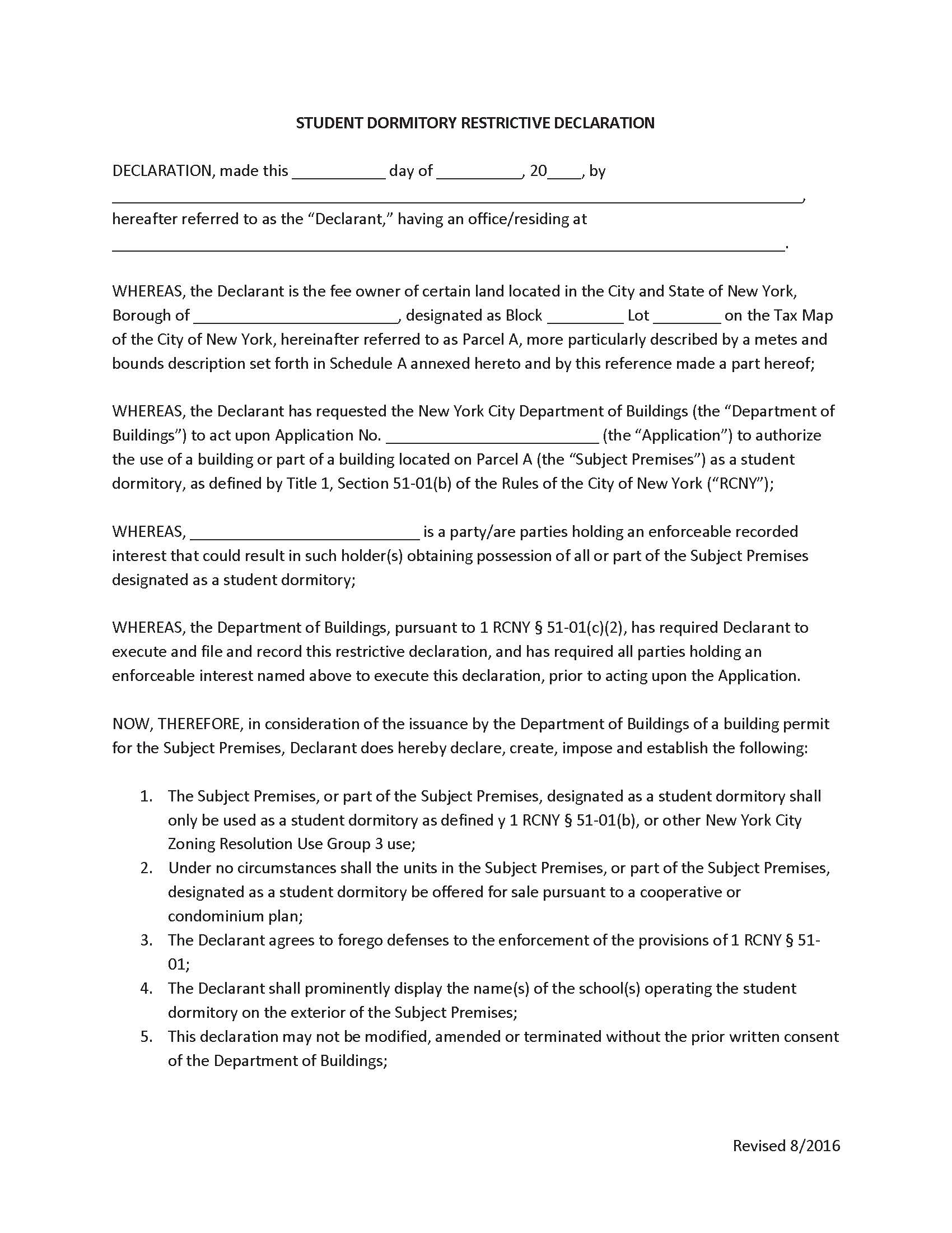 Student Dormitory Restrictive Declaration | Pdf Fpdf Doc Docx | New York