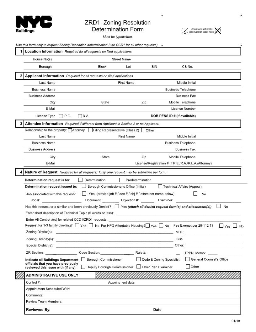 Zoning Resolution Determination Form {ZRD 1} | Pdf Fpdf Docx | New York