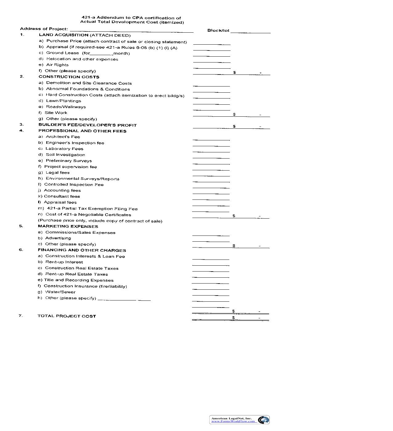 421-A Addendum To CPA Certification Of Actual Total Development Cost (Itemized) | Pdf Fpdf Doc Docx | New York