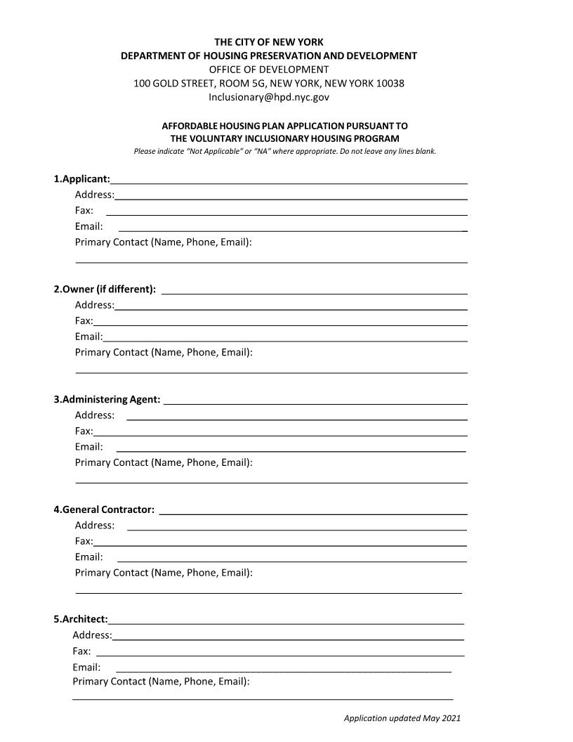 Affordable Housing Plan Application And Checklist {NYC AHPA-C} | Pdf Fpdf Docx | New York