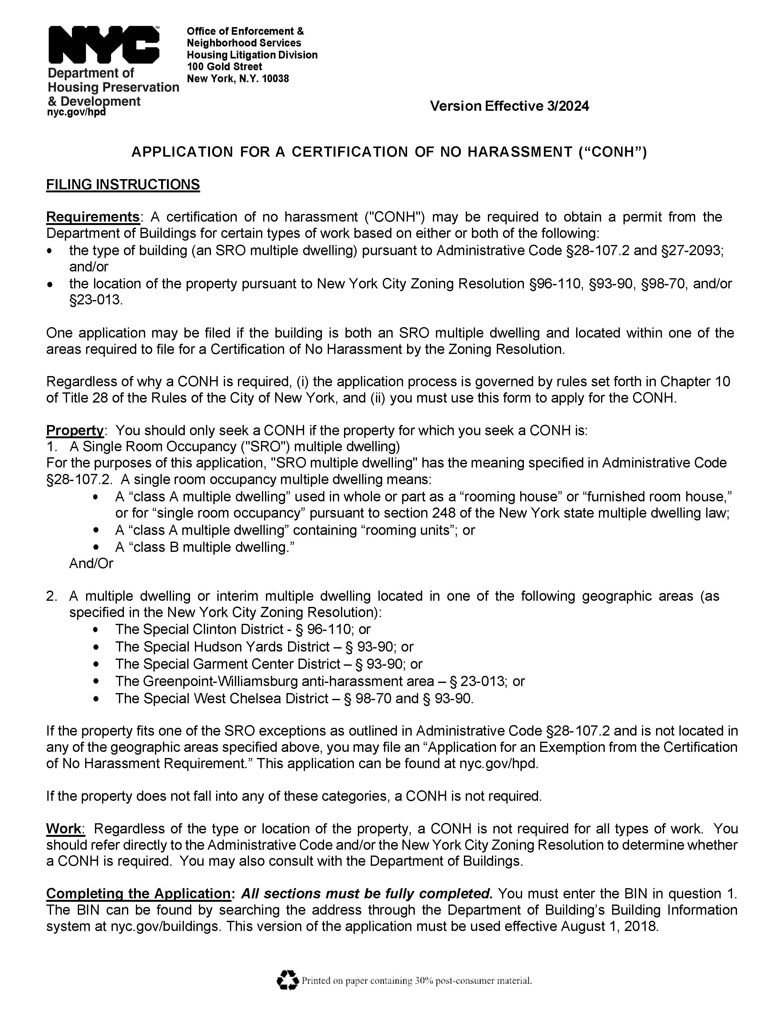 Application For Certification Of No Harassment | Pdf Fpdf Docx | New York