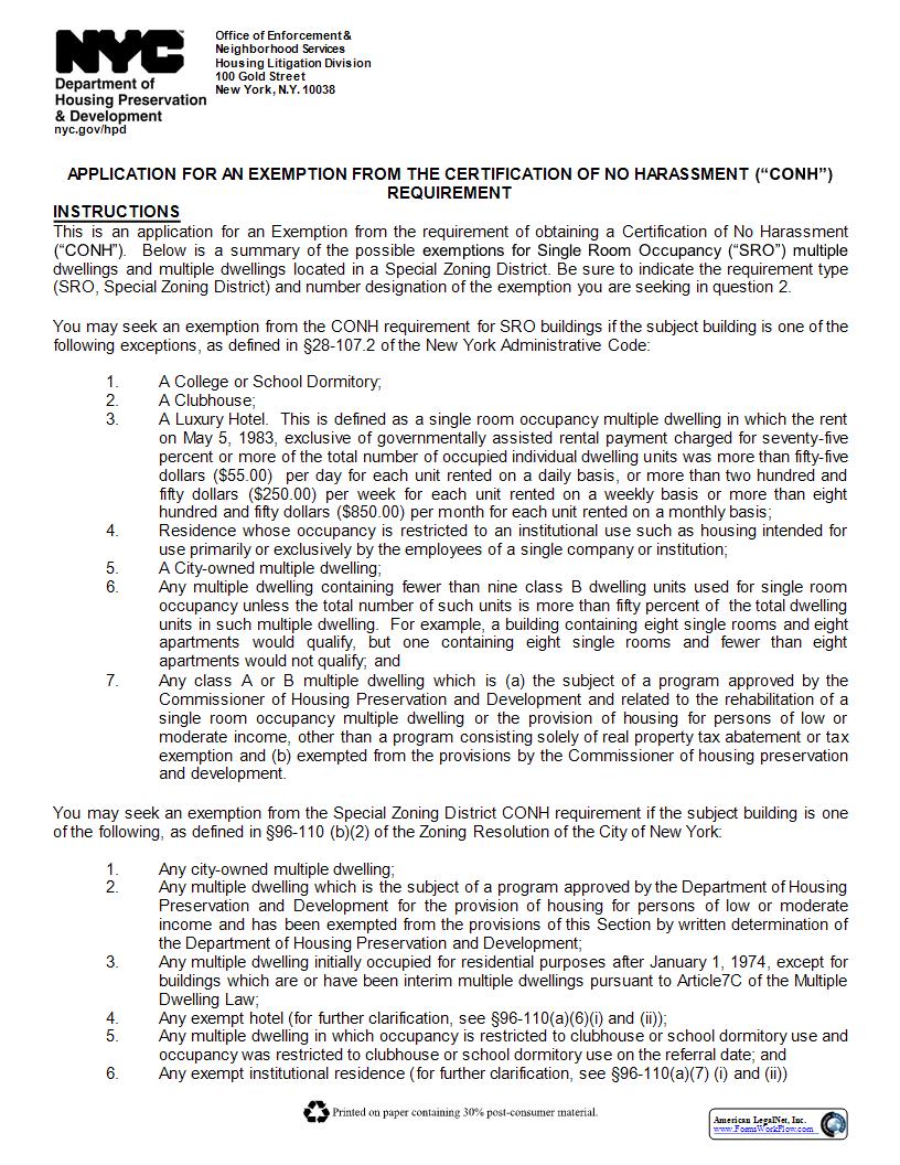 Application For Exemption From Certification Of No Harassment Requirement | Pdf Fpdf Docx | New York