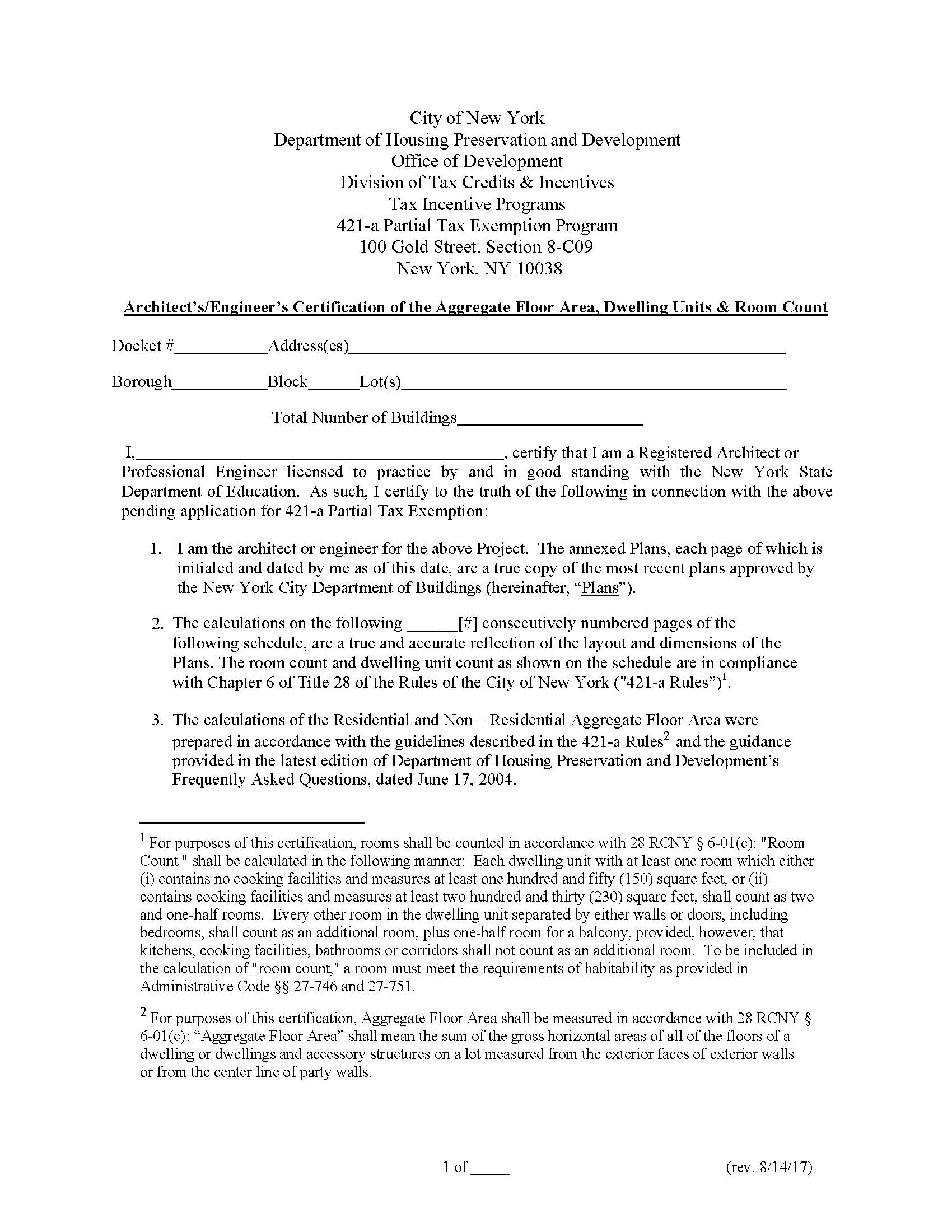 Architects-Engineers Certification Of Floor Area-Dwelling Units-Room Count | Pdf Fpdf Doc Docx | New York
