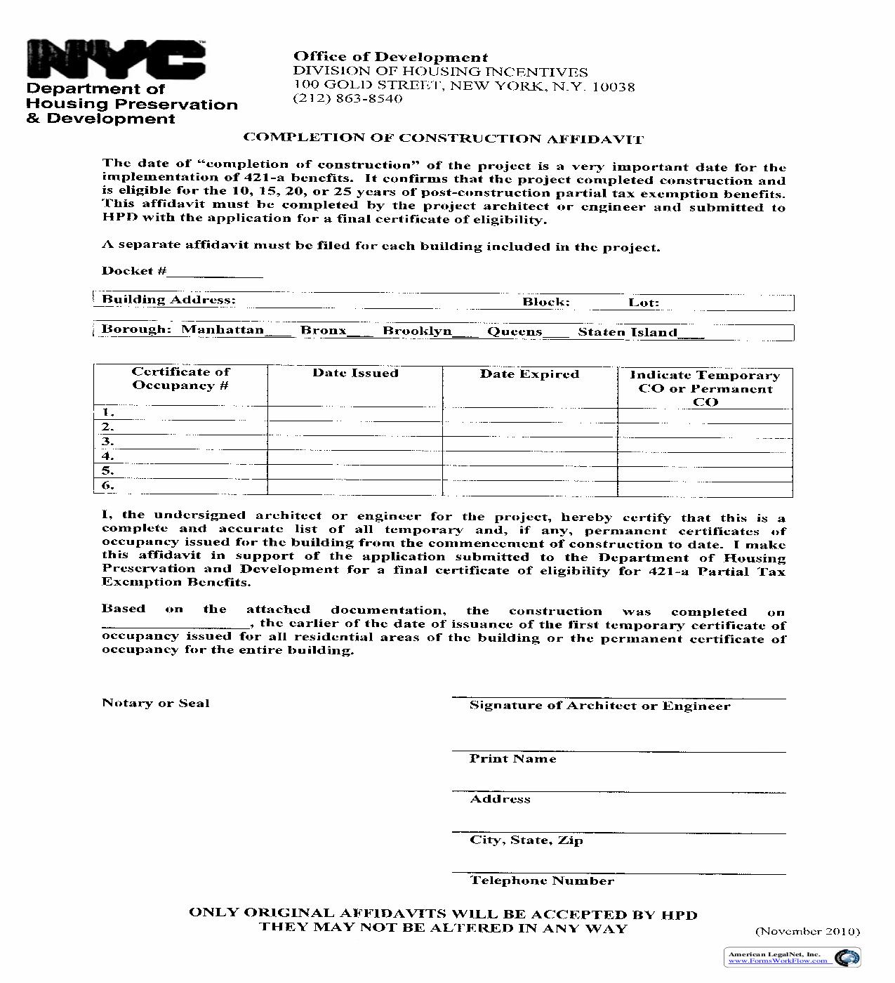 Completion Of Construction Affidavit | Pdf Fpdf Doc Docx | New York