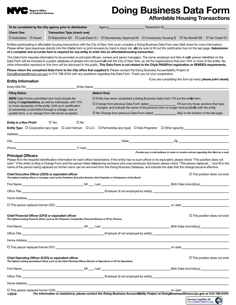 Doing Business Data Form - Affordable Housing Transactions | Pdf Fpdf Docx | New York