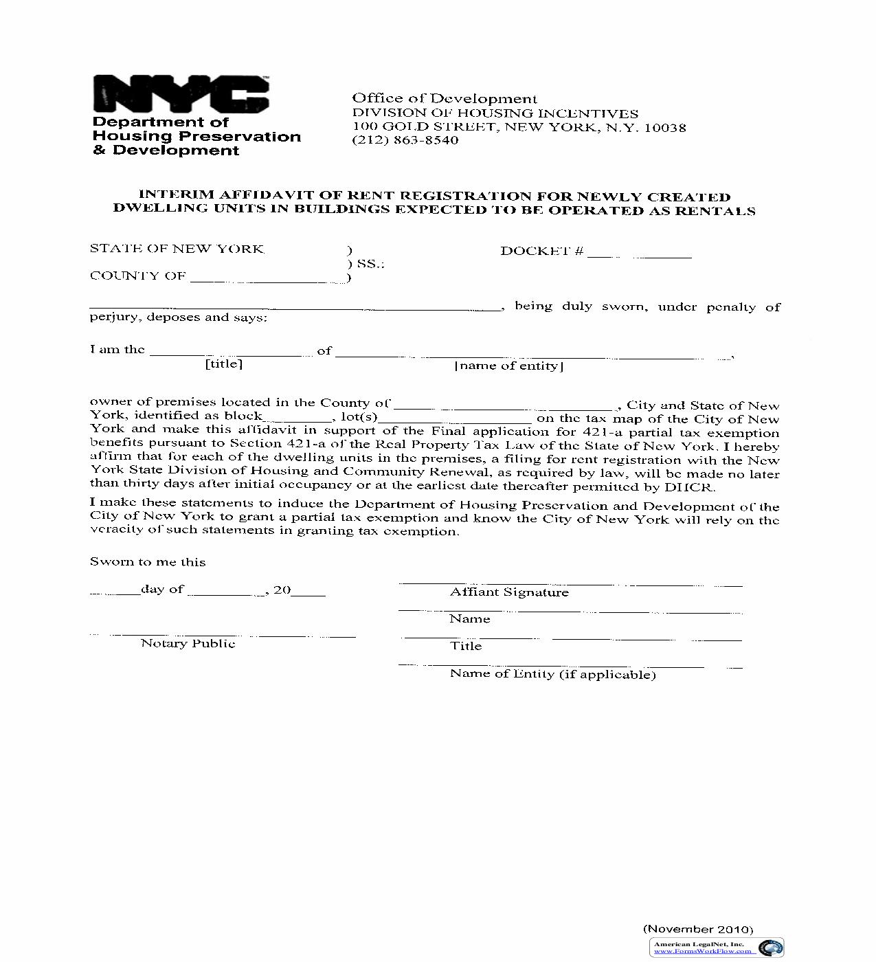 Interim Affidavit Of Rent Registration For Newly Created Dwelling Units | Pdf Fpdf Doc Docx | New York