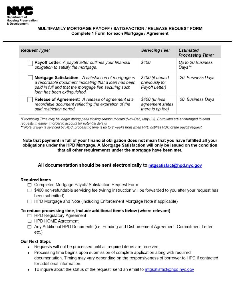 Multifamily Mortgage Payoff Satisfaction Release Request Form | Pdf Fpdf Docx | New York