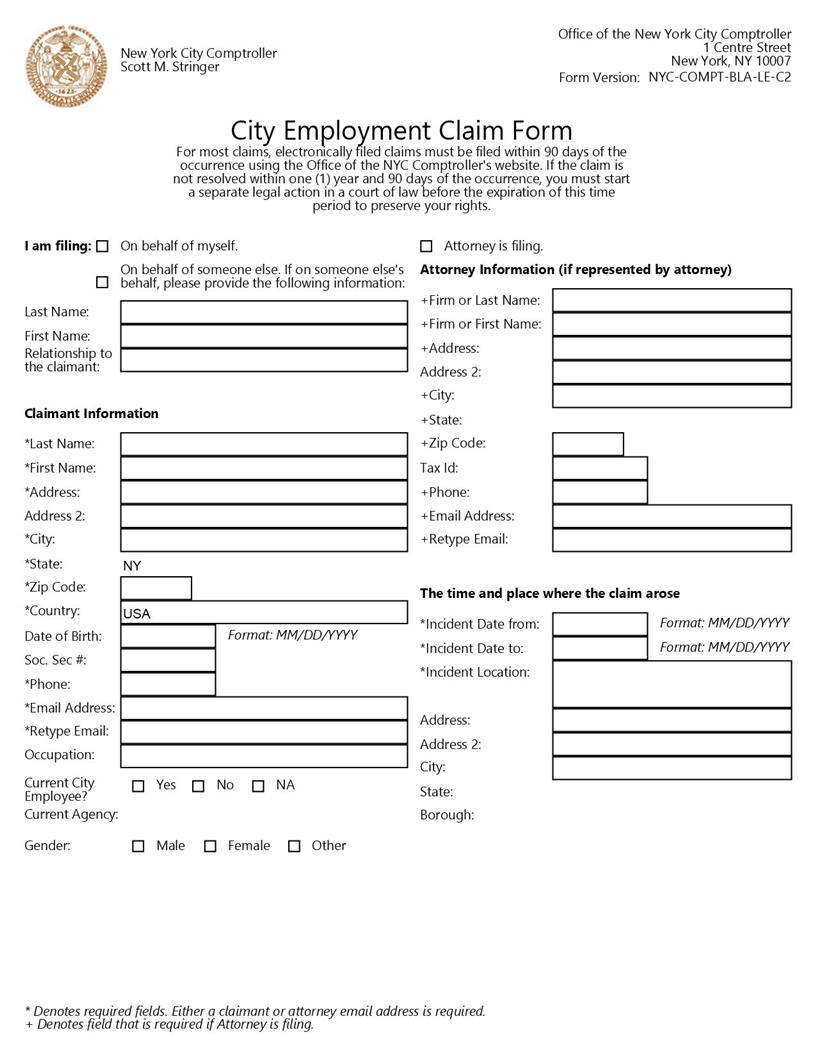 City Employment Claim Form (Electronic Filing) {NYC-COMPT-BLA-LE-C2} | Pdf Fpdf Docx | New York