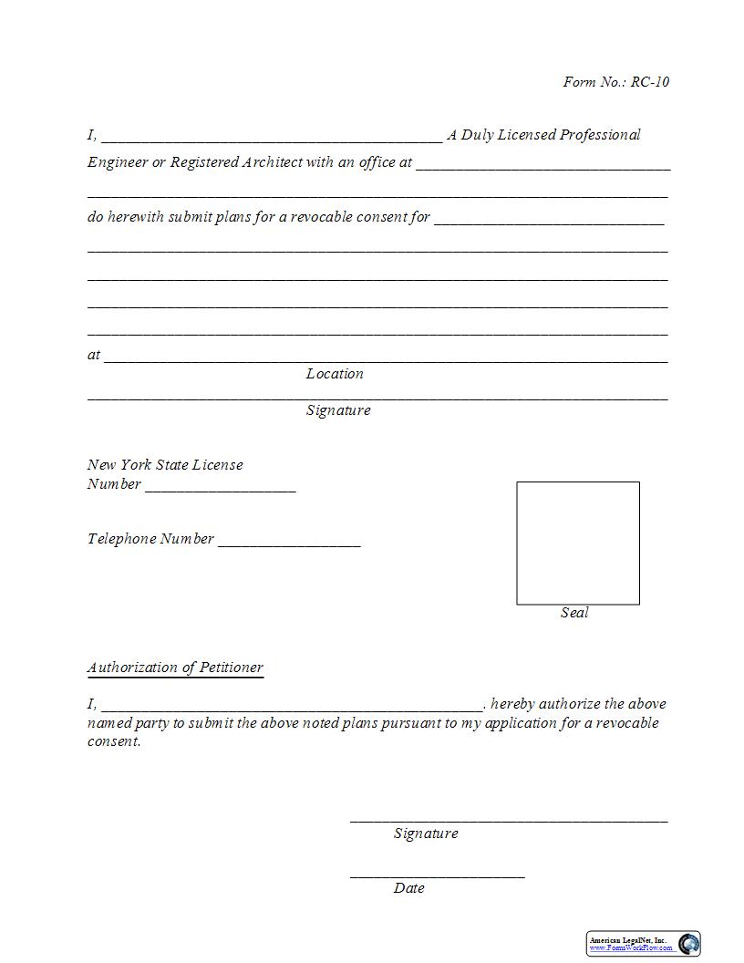 Engineer Or Architect Revocable Consent {RC-10} | Pdf Fpdf Docx | New York