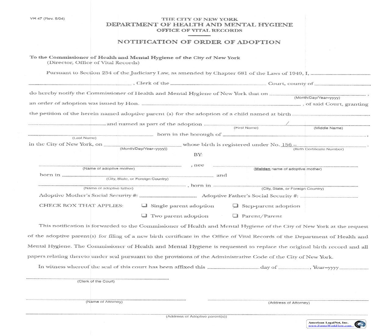 Notification Of Order Of Adoption {VR 47} | Pdf Fpdf Doc Docx | New York