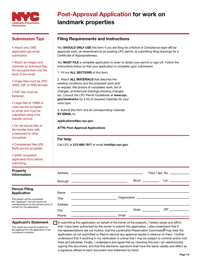 Post-Approval Application For Work On Landmark Properties | Pdf Fpdf Docx | New York