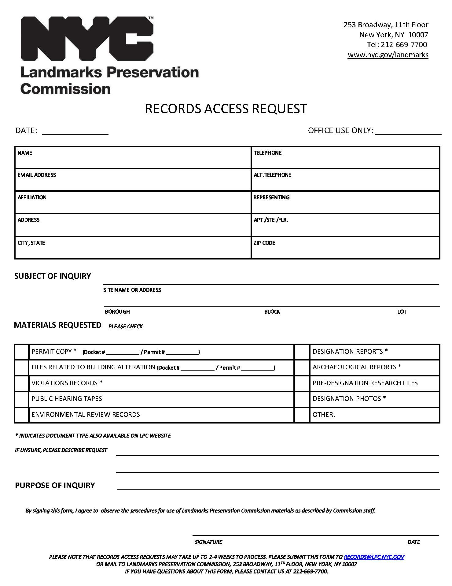 Records Access Request (LPC) | Pdf Fpdf Doc Docx | New York