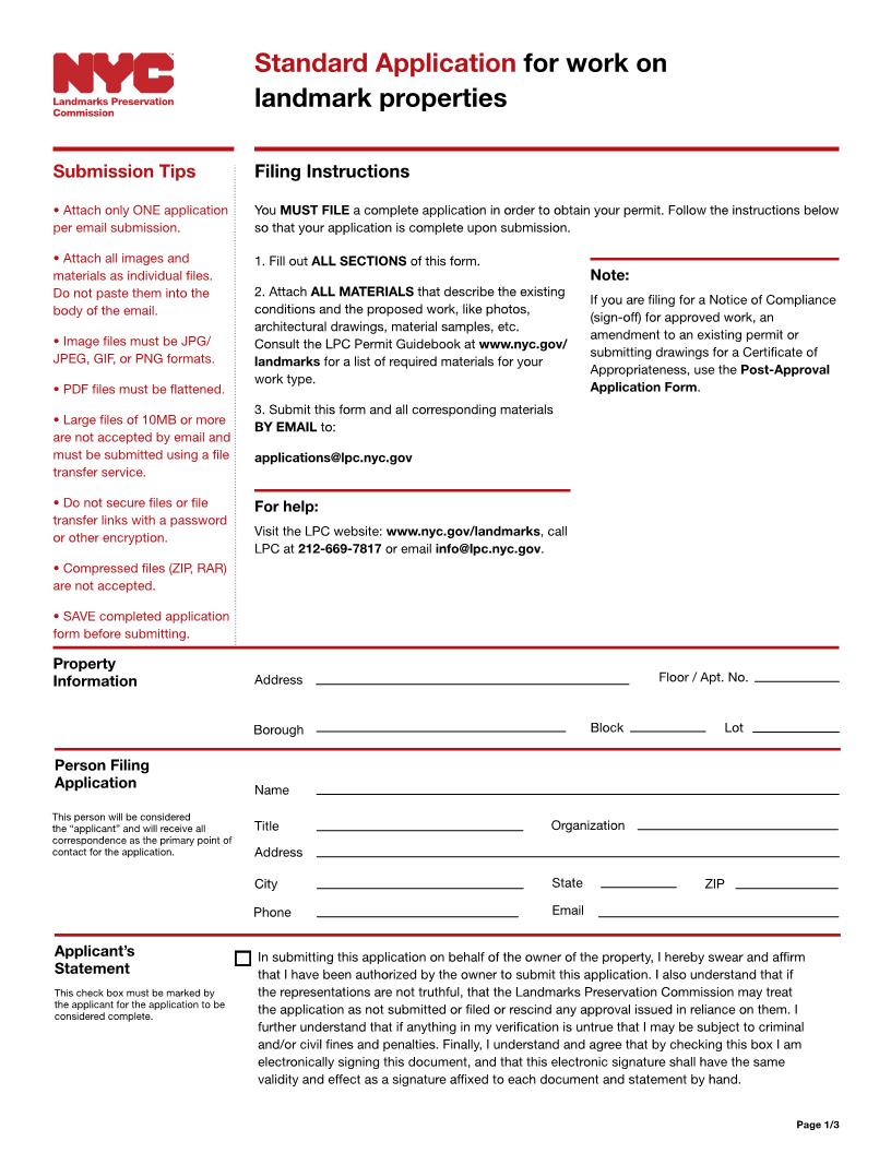 Standard Application For Work On Landmark Properties | Pdf Fpdf Docx | New York