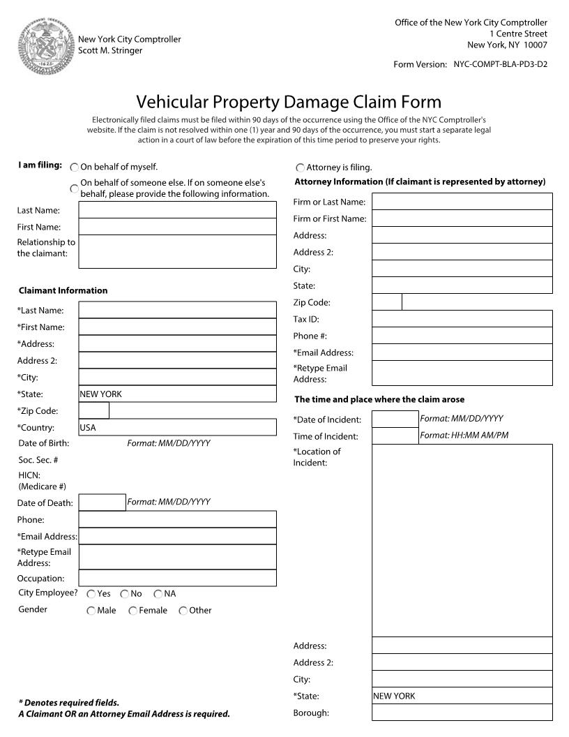 Vehicular Property Damage Claim Form (Electronic Filing) {NYC-COMPT-BLA-PD3-D2} | Pdf Fpdf Docx | New York