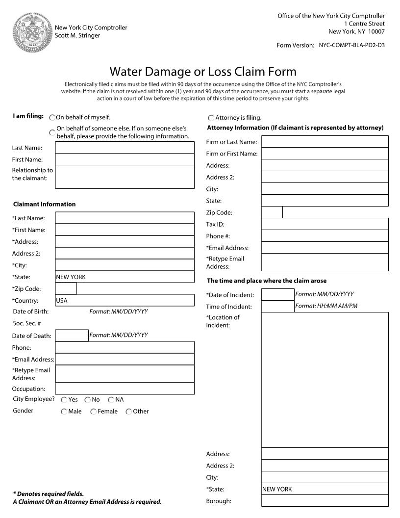 Water Damage Or Loss Claim Form (Electronic Filing) {NYC-COMPT-BLA-PD2-D3} | Pdf Fpdf Docx | New York