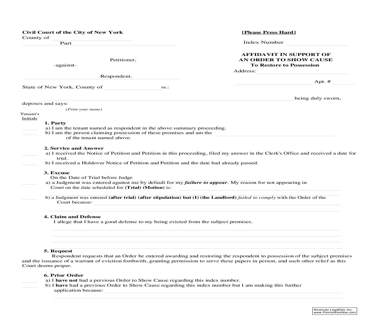 Affidavit In Support Of An Order To Show Cause (Restore Possession) {CIV-LT-11} | Pdf Fpdf Doc Docx | New York