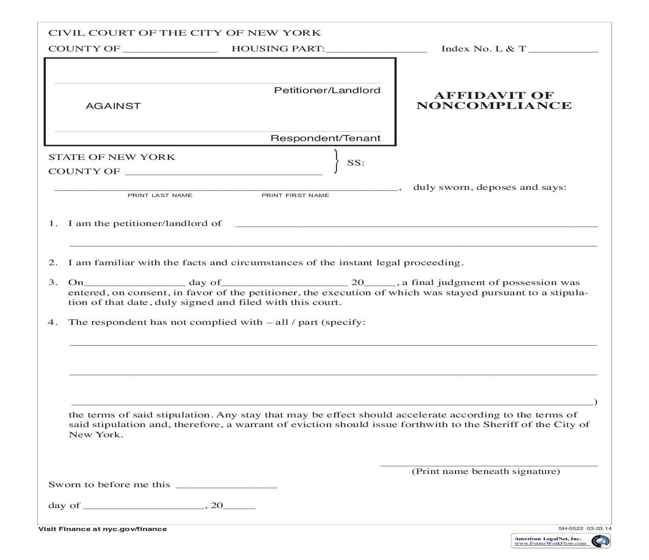 Affidavit Of Noncompliance {SH-0522} | Pdf Fpdf Doc Docx | New York